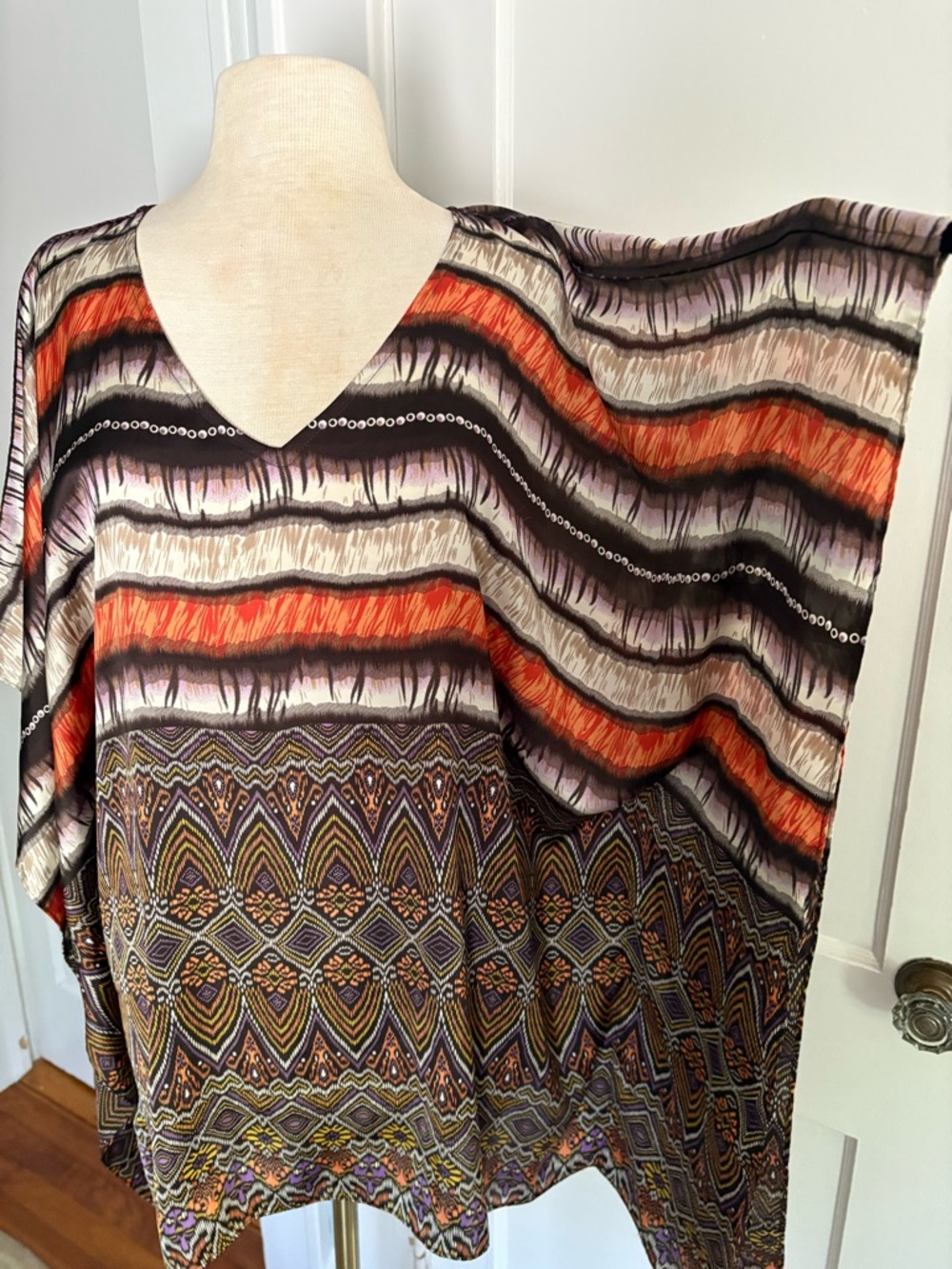 Chico’s-Caftan-Swimsuit Cover up-v-neck-Orange/Cream/Black-Tribal-Boho Sz Sm/Med
